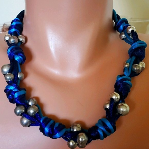 Y2K 2000s 00s Paracord Woven Industrial Blue Silver Round Bead Collar Necklace - Picture 1 of 3